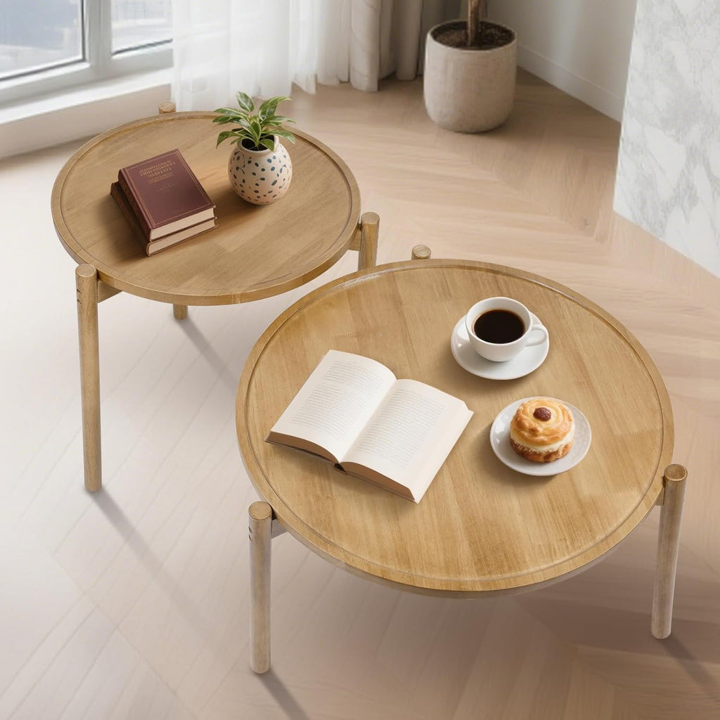 Wooden Round Nesting Coffee Tables Set of 2,Round End Table,Small Nesting Tables,Side Table,for for Living Room Bedroom Balcony by Solid Wood