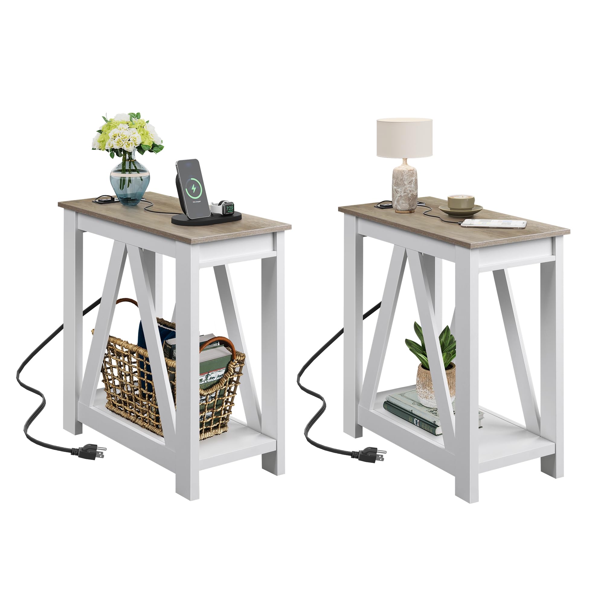 WLIVE Farmhouse End Table, Narrow Side Table with Charging Station, Slim End Table, Side Table for Bedroom, Living Room, Small Spaces, with 2 USB and 2 Power Outlets, 11.8" D x 23.6" W x 23.74" H