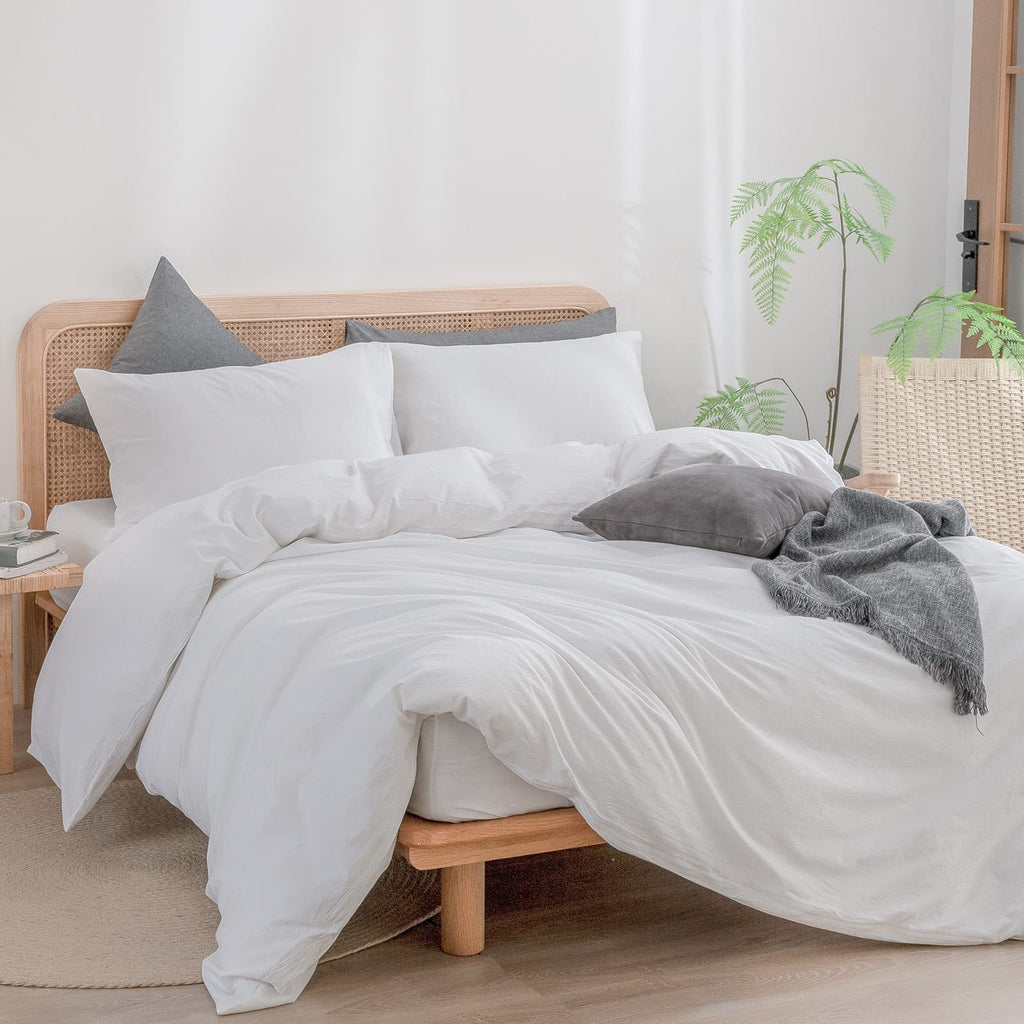 Parure de lit BESTOUCH 100 % coton lavé, toucher lin, super douce, confortable, chic, légère, 3 pièces, parure de lit pour la maison, bleu bleuet, Queen 