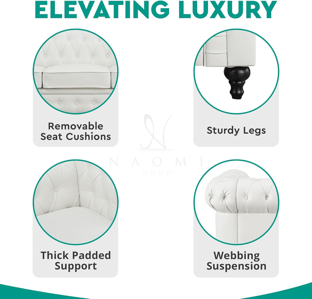 Naomi Home Emery Chesterfield Sofa with Rolled Arms, Tufted Cushions / 3 Seater Sectional Sofa Couch for Small Spaces, Living Room, Bedroom, Apartment Easy Tool-Free Assembly – Off White