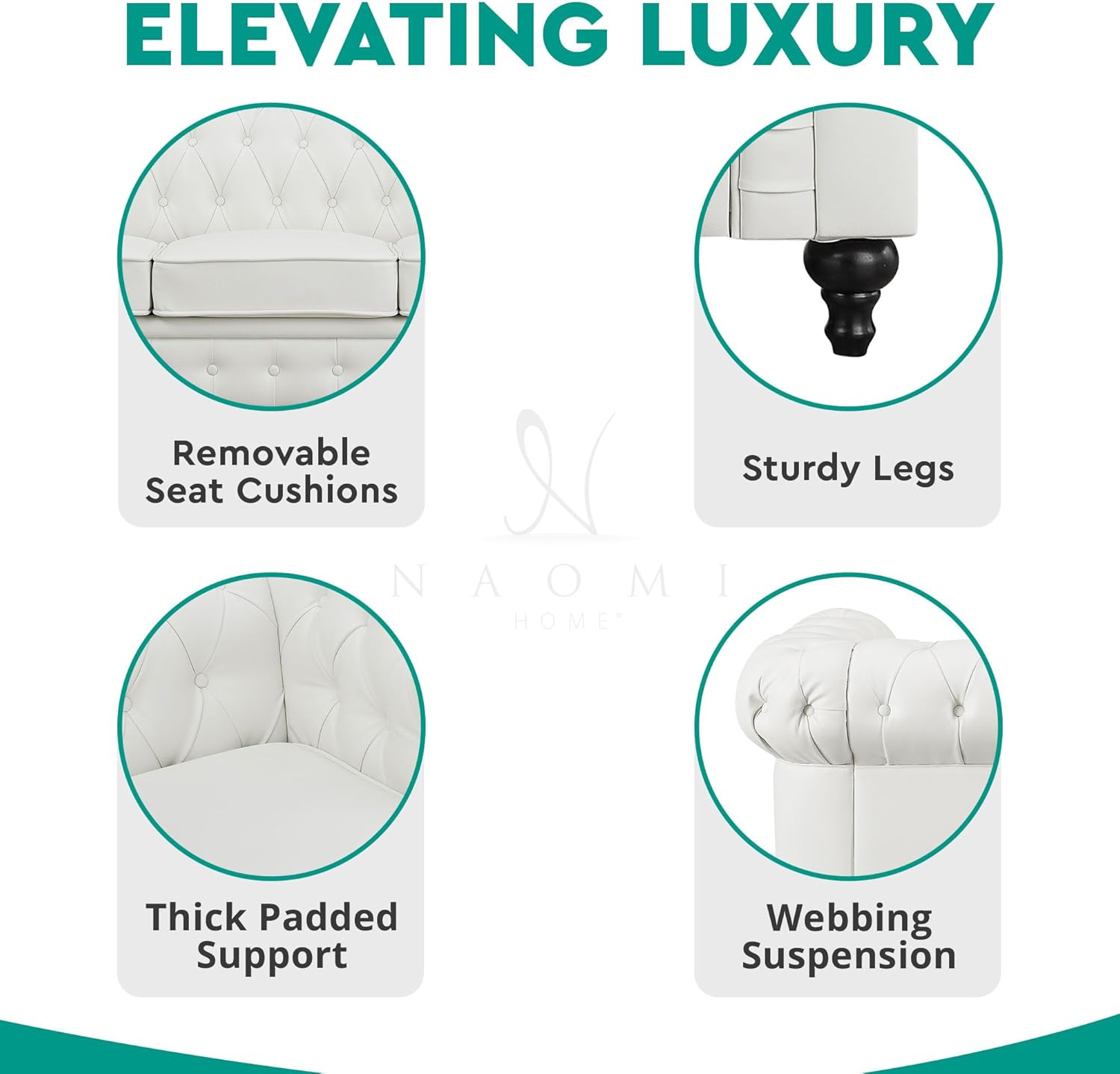 Naomi Home Emery Chesterfield Sofa with Rolled Arms, Tufted Cushions / 3 Seater Sectional Sofa Couch for Small Spaces, Living Room, Bedroom, Apartment Easy Tool-Free Assembly – Off White