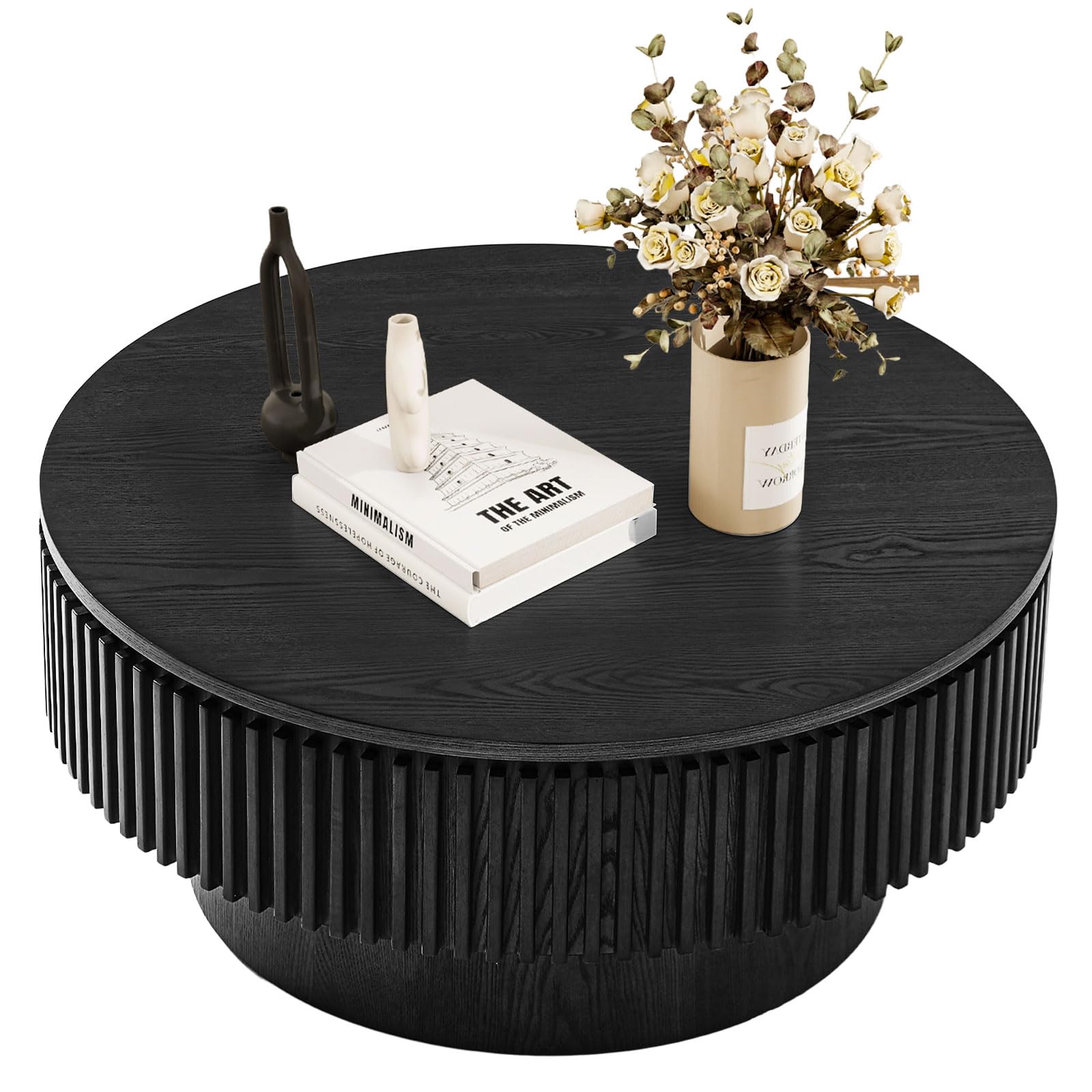 LKTART Round Coffee Table for Living Room, Accent Fluted Drum Coffee Table with Storage, Modern Solid Wood Veneered Circle Center Tea Table for Small Space Apartment (31.5''D×14''H-Natural)