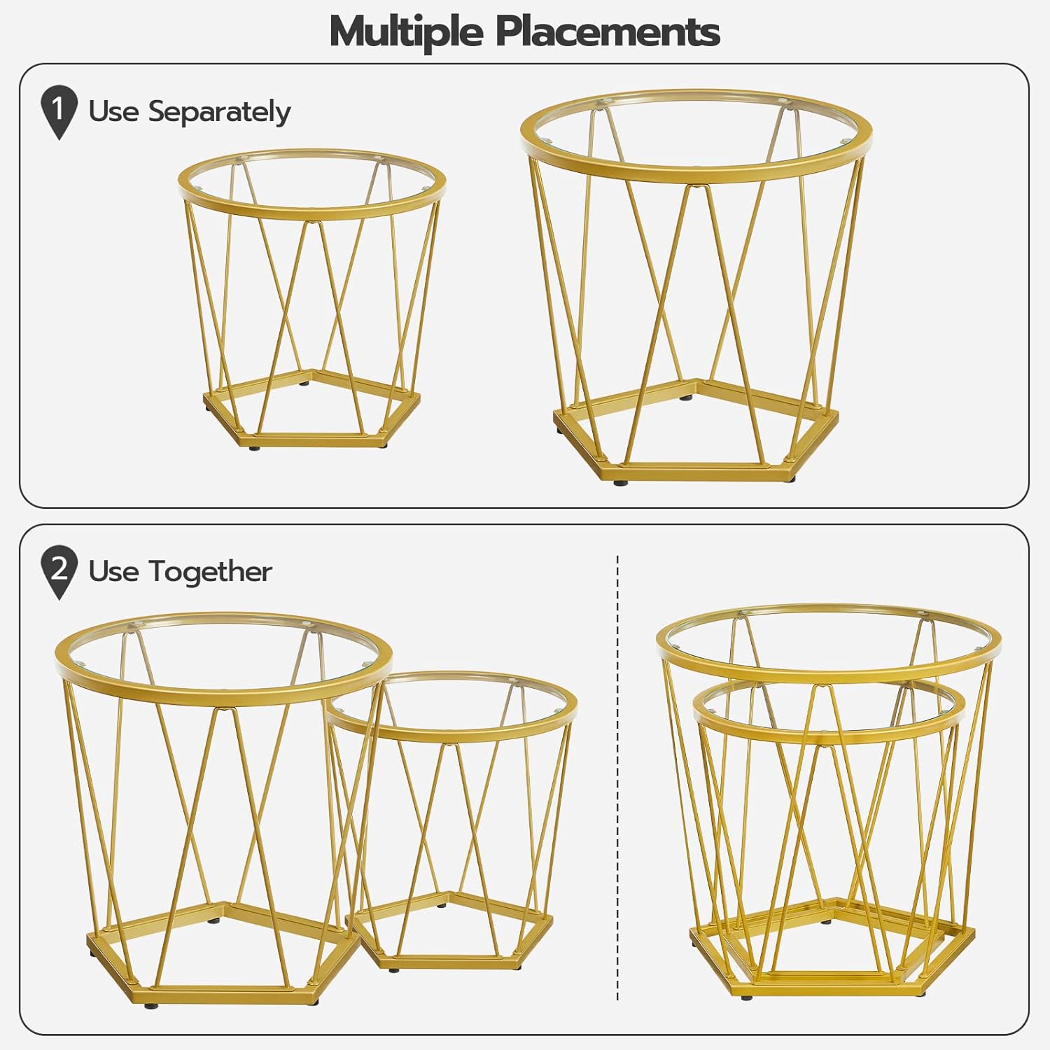 HOOBRO Small Coffee Table Set of 2, Round Coffee End Table with Metal Frame, Glass Top, Gold Side Table for Living Room, Bedroom and Balcony, Modern Style, Gold GD79BZ01