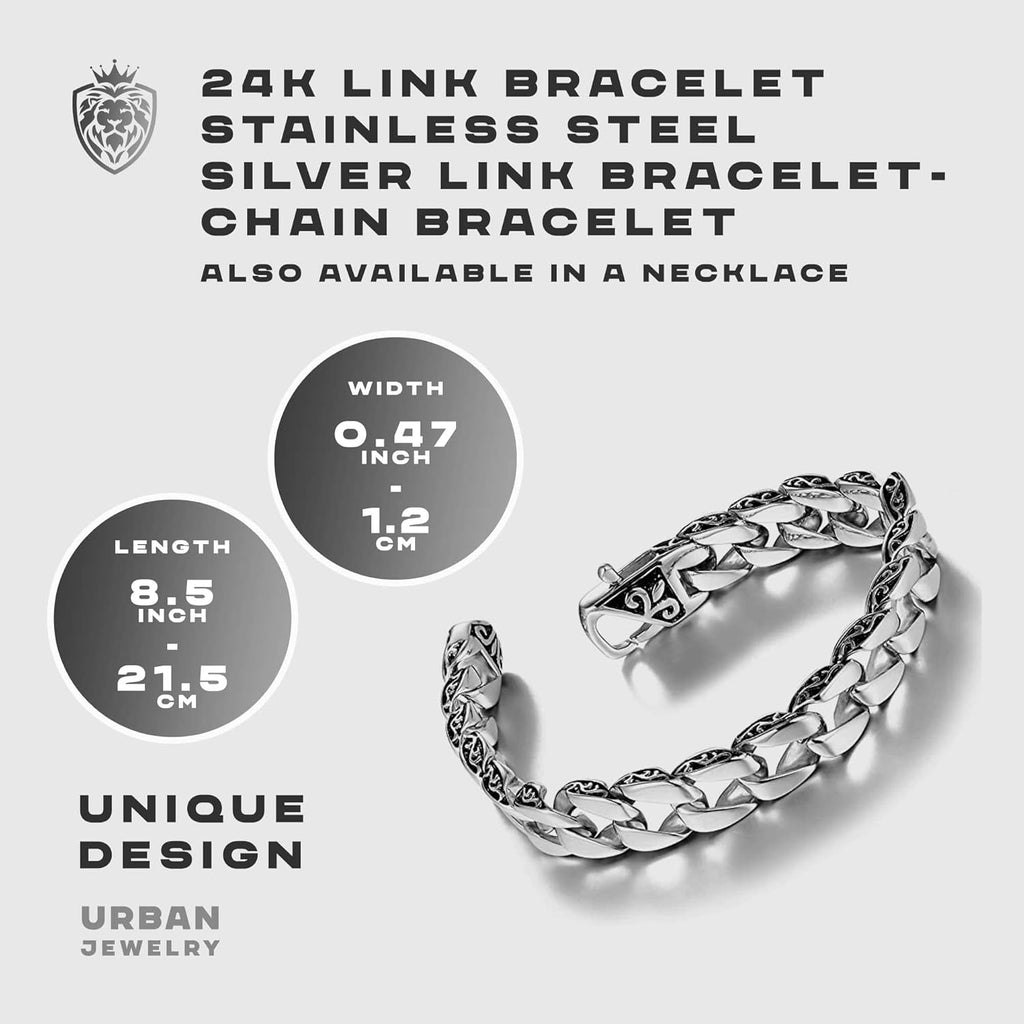 Urban Jewelry Beautiful Fleur De Lis Mens Link Bracelet 8.5 Inch, Link Chain Bracelet for Men (316L Stainless Steel Silver or 24K Gold Plated)