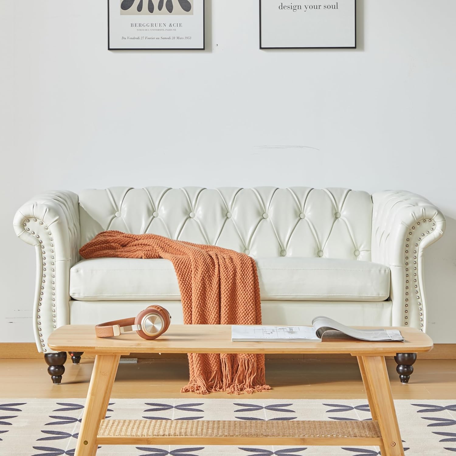 AVZEAR Chesterfield 3-Piece Living Room Sectional Sofa Set, Mid-Century Modern Upholstered PU Couch, Classic Tufted Button Sofa with Nailhead Trim for Living Room, Office (Brown)