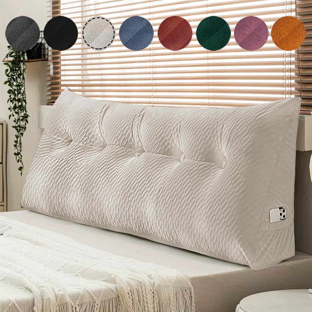 QINFFRRMI Velvet Triangular Wedge Pillow, Removable Cover Headboard Pillow for Daybed, Backrest Positioning Support Pillow Cushion Resting Reading Relaxing(Beige,Twin(39 * 20 * 8in))