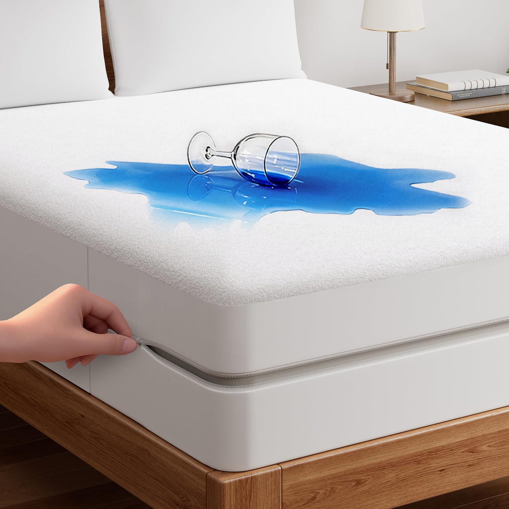 OhGeni 100% Waterproof Queen Size Mattress Protector,Soft Mattress Pad, Cooling Breathable Fitted Sheets,Washable Bed Cover,Non-Slip Deep Pocket,Noiseless for Bedroom