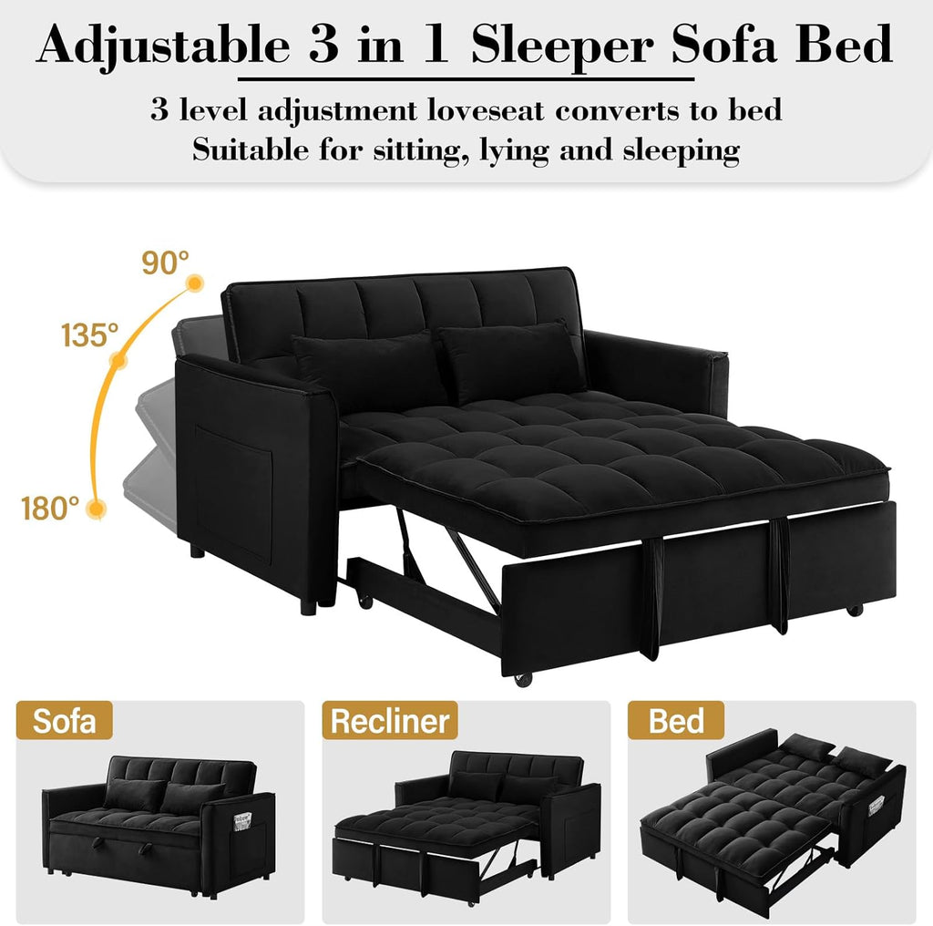 3 in 1 Sleeper Sofa Bed,Velvet Convertible Sofa Bed Pull-Out Bed Couch With Side Pockets,55'' Loveseat Sleeper Sofa with Adjustable Backrest for Living Room,Bedroom,Apartment and Small Space,Black