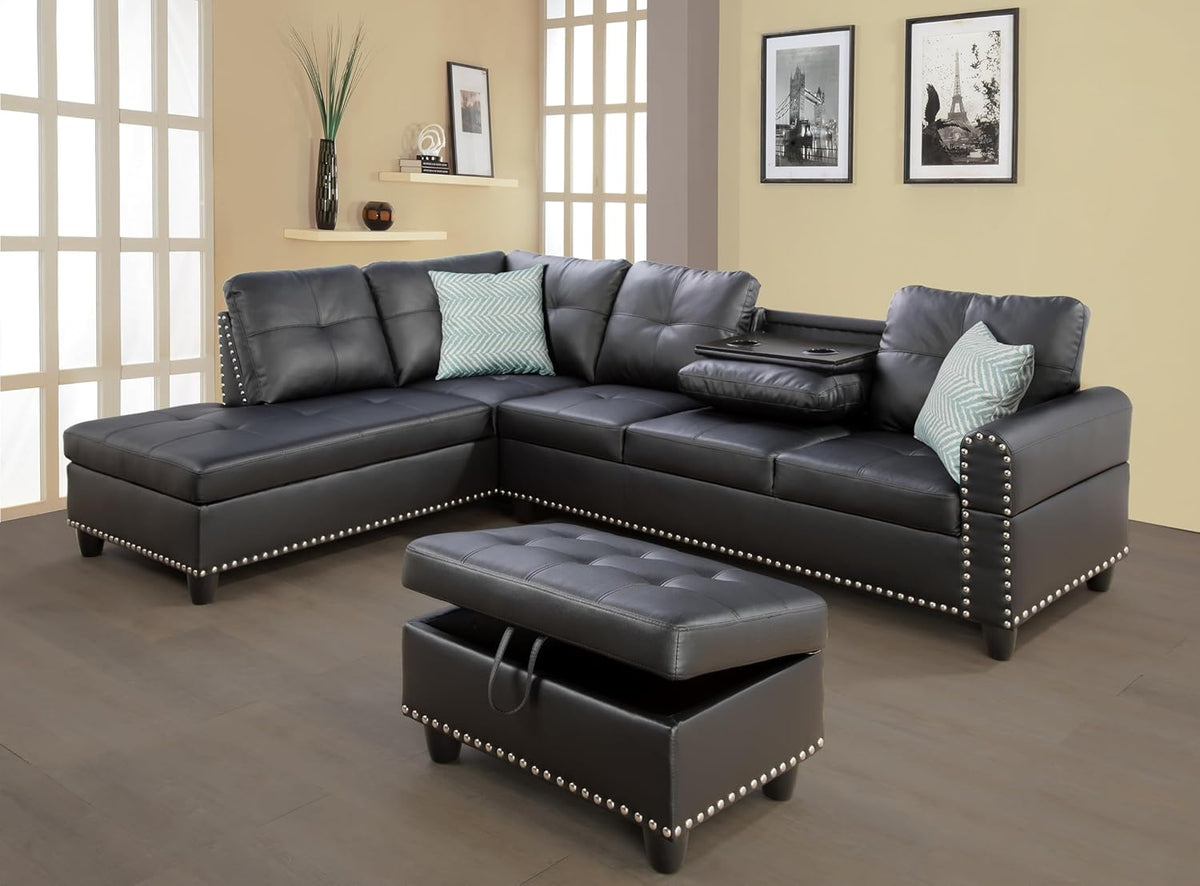 Sectional Sofa Couch, Modern 4-Seaters Living Room Furniture Sets with Chaise Lounge, Ottoman & 2 Pillows | L Shape Couch | Cup Holder | Faux PU Leather, Black