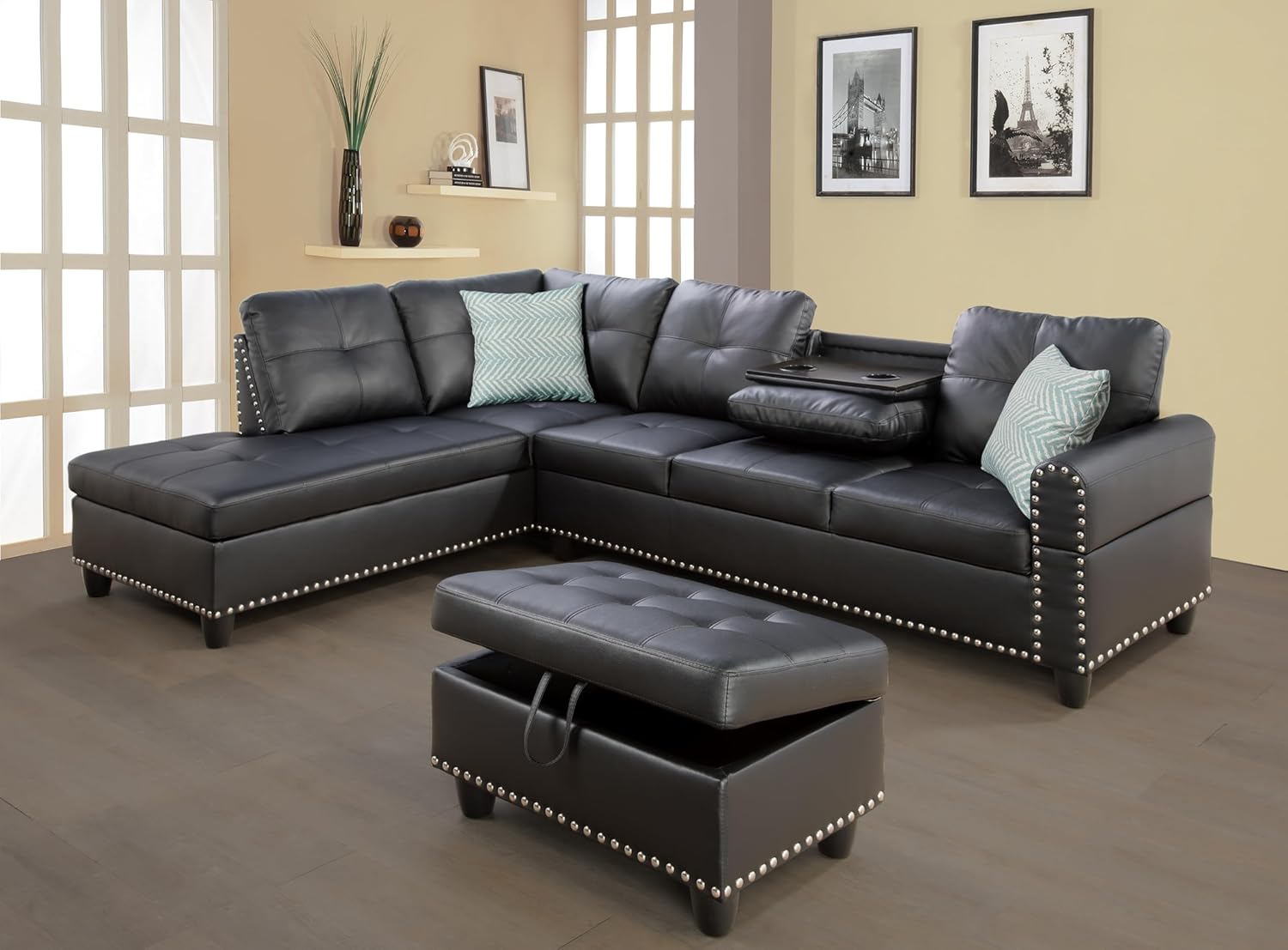Sectional Sofa Couch, Modern 4-Seaters Living Room Furniture Sets with Chaise Lounge, Ottoman & 2 Pillows | L Shape Couch | Cup Holder | Faux PU Leather, Black