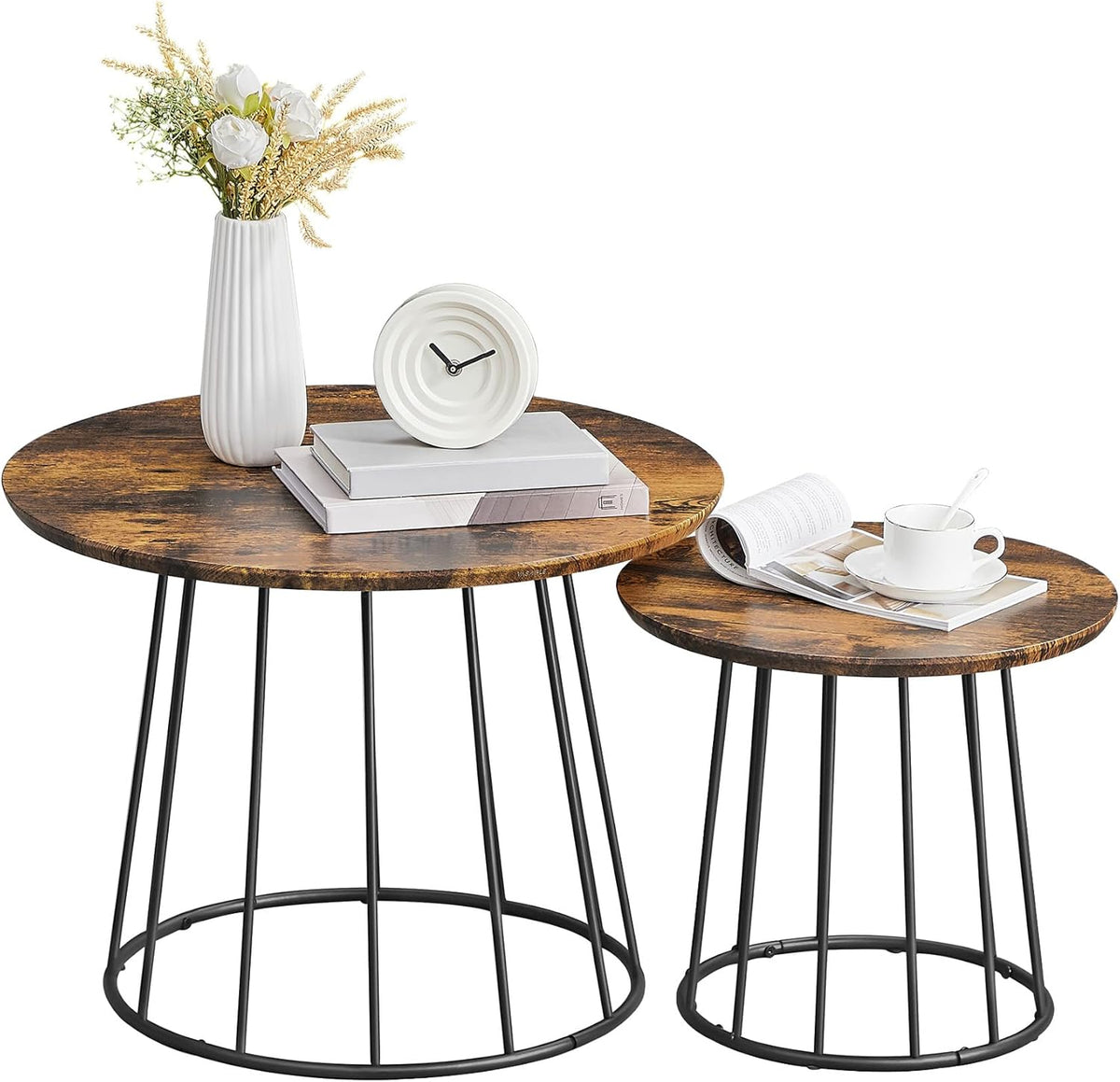 VASAGLE Round Coffee Tables, Set of 2, Modern Circle Side Tables with Steel Frame, for Living Room, Bedroom, Rustic Brown ULCT045K01