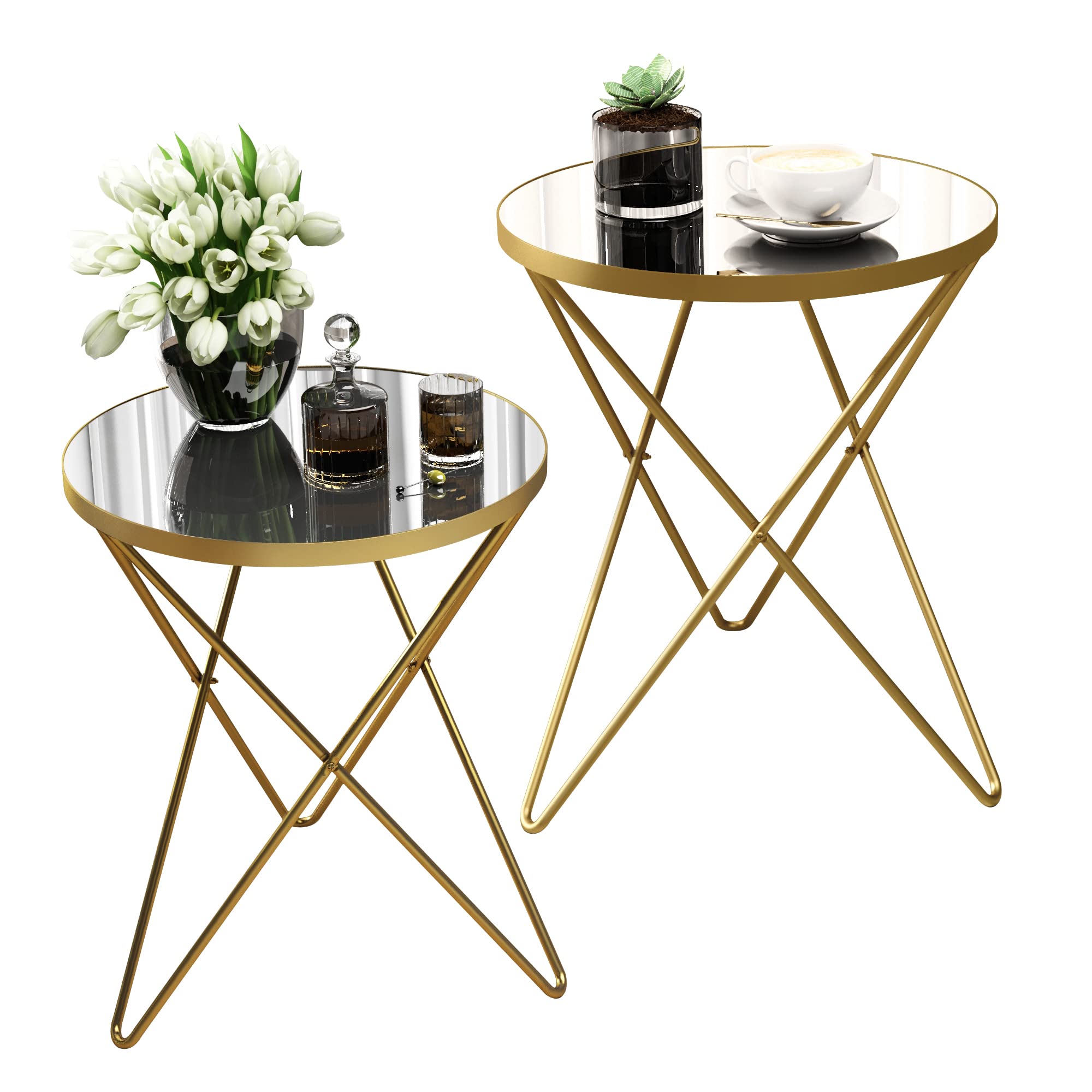 HLR Modern Round Side Table, End Table with Marble Effect Top and Gold Metal Frame, Small Side Table for Living Room, Bedroom, Sofa and Couch, Gold Legs, Green Marble top