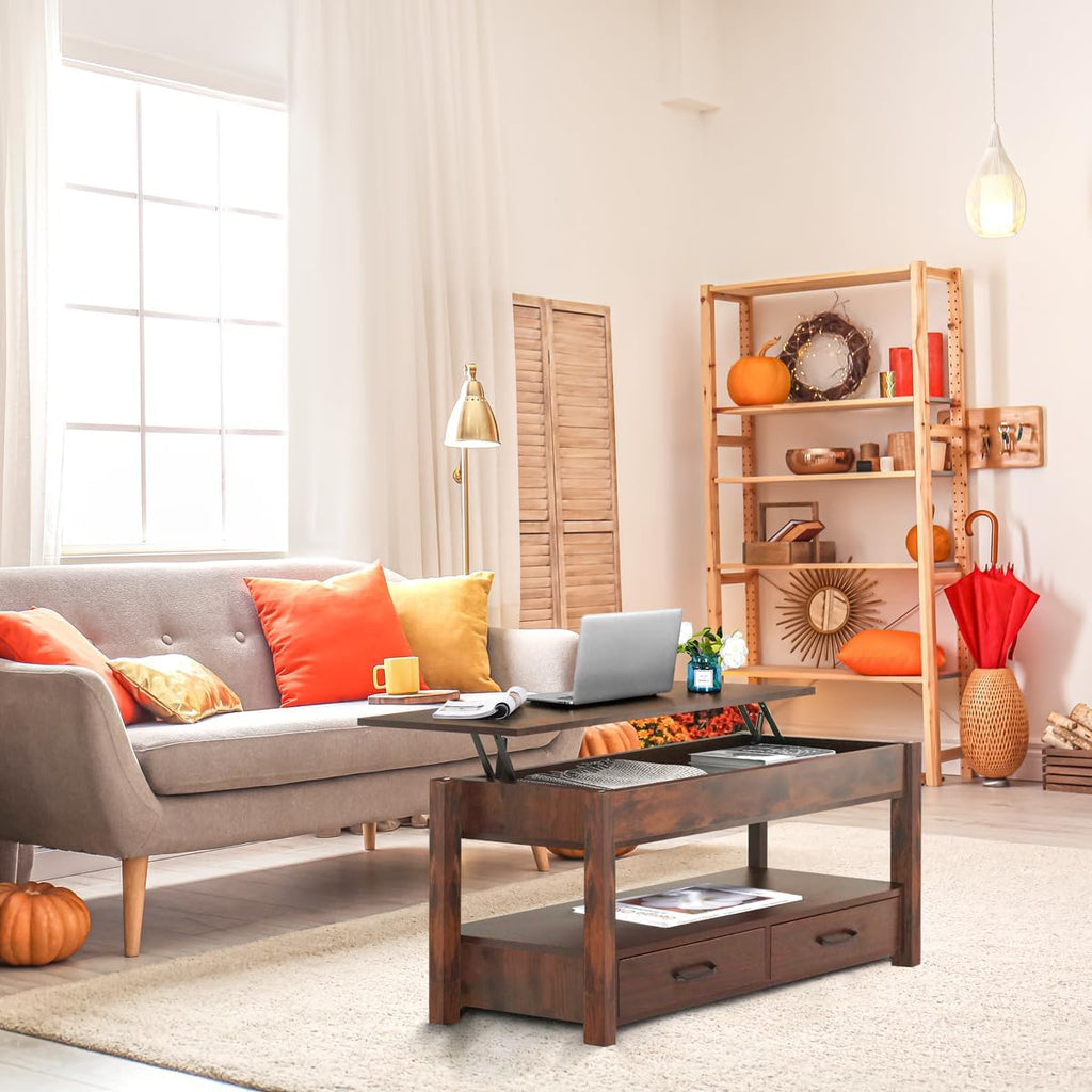 Lift Top Coffee Table with Hidden Compartment & 2 Storage Shelves - Living Room Dining Table with Rising Tabletop Lifttop Desk for Apartment, Home, Condo - Rustic Brown
