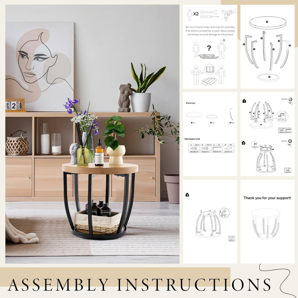 Round Coffee Table, 2-Tier Circle Wood Coffee Table with Storage Shelves, Modern Industrial Wooden Accent Center Sofa Side for Living Room, Home Office(19.7'' Dia X 17.7 H)