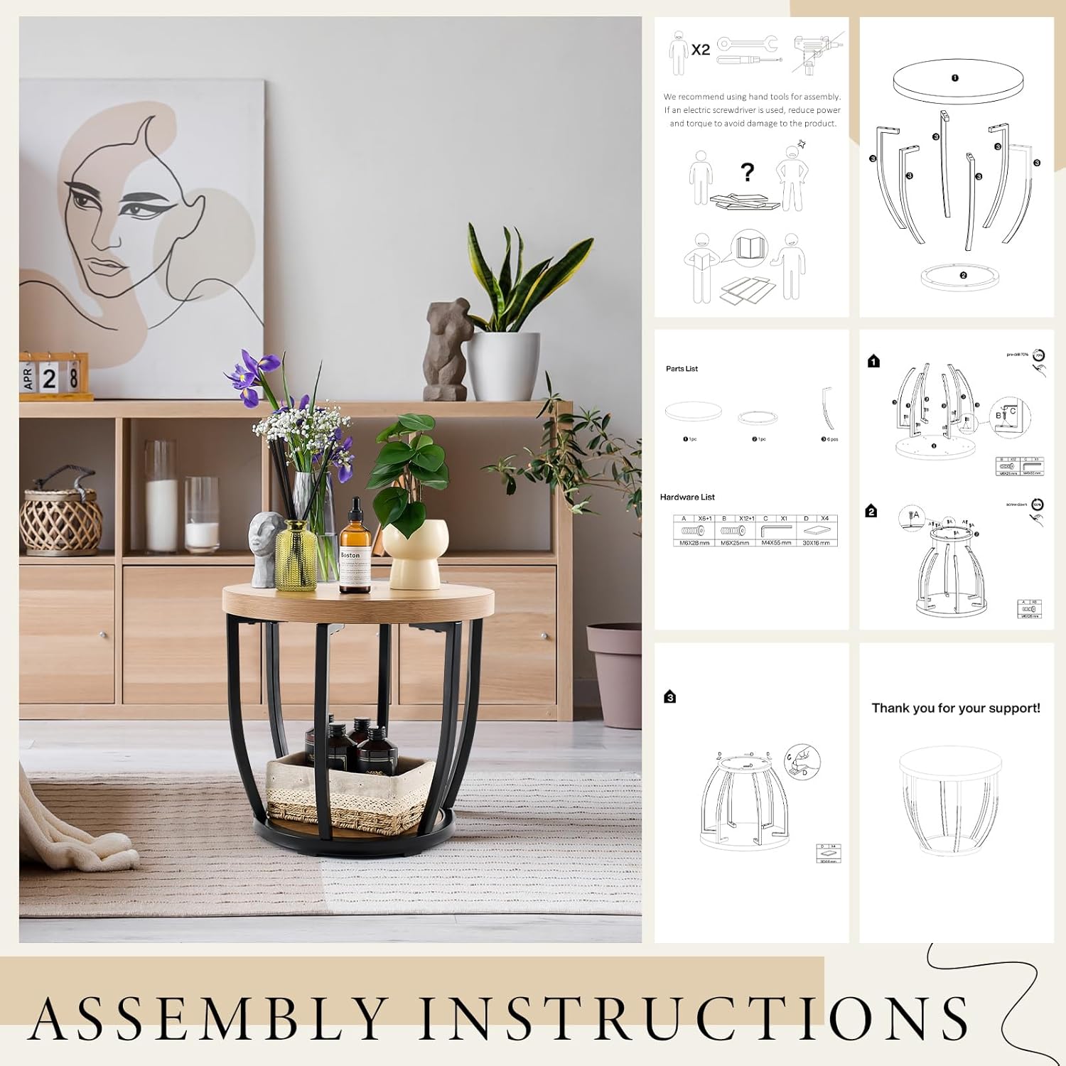 Round Coffee Table, 2-Tier Circle Wood Coffee Table with Storage Shelves, Modern Industrial Wooden Accent Center Sofa Side for Living Room, Home Office(19.7'' Dia X 17.7 H)