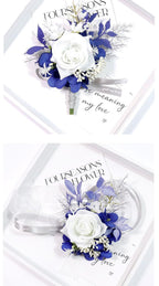 MAFELOE Wrist Corsage and Boutonniere Set for Prom Homecoming Wedding Party Celebration Artificial Flowers Accessories Suit Decor 2 Pieces - White+Navy Blue