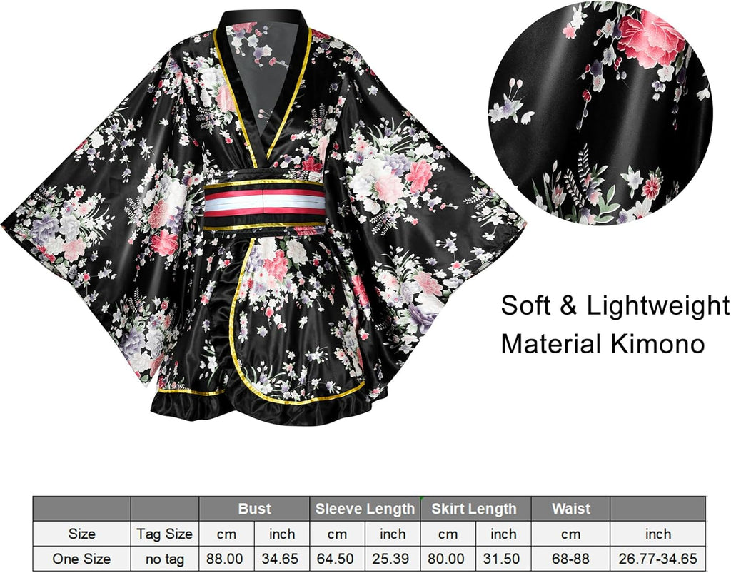 PLULON 5 Pcs Women's Japanese Kimono Robe Short Floral Print Kimono Dress Sexy Geisha Yukata Satin Bathrobe with Accessories