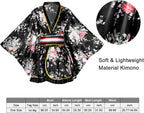 PLULON 5 Pcs Women's Japanese Kimono Robe Short Floral Print Kimono Dress Sexy Geisha Yukata Satin Bathrobe with Accessories