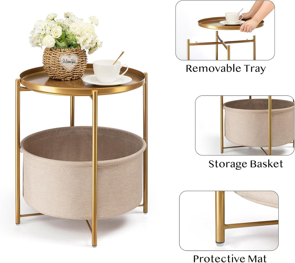 danpinera Round Side Table with Fabric Storage Basket, Metal Side Small Bedside Table Nightstand with Removable Tray Top for Living Room, Bedroom, Nursery, Laundry, Gold