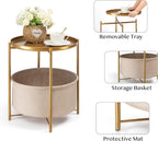 danpinera Round Side Table with Fabric Storage Basket, Metal Side Small Bedside Table Nightstand with Removable Tray Top for Living Room, Bedroom, Nursery, Laundry, Gold