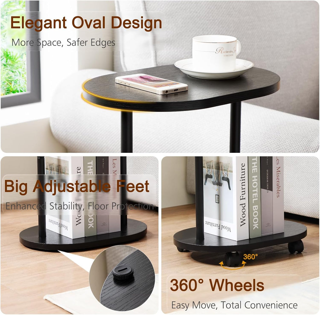 Narrow Side Table, 2-Tier Oval Drink End Table with Wheels for Living Room, Skinny Nightstand for Small Spaces, Bedroom, Bathroom, Black, HETNR01BK-1