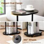 Narrow Side Table, 2-Tier Oval Drink End Table with Wheels for Living Room, Skinny Nightstand for Small Spaces, Bedroom, Bathroom, Black, HETNR01BK-1