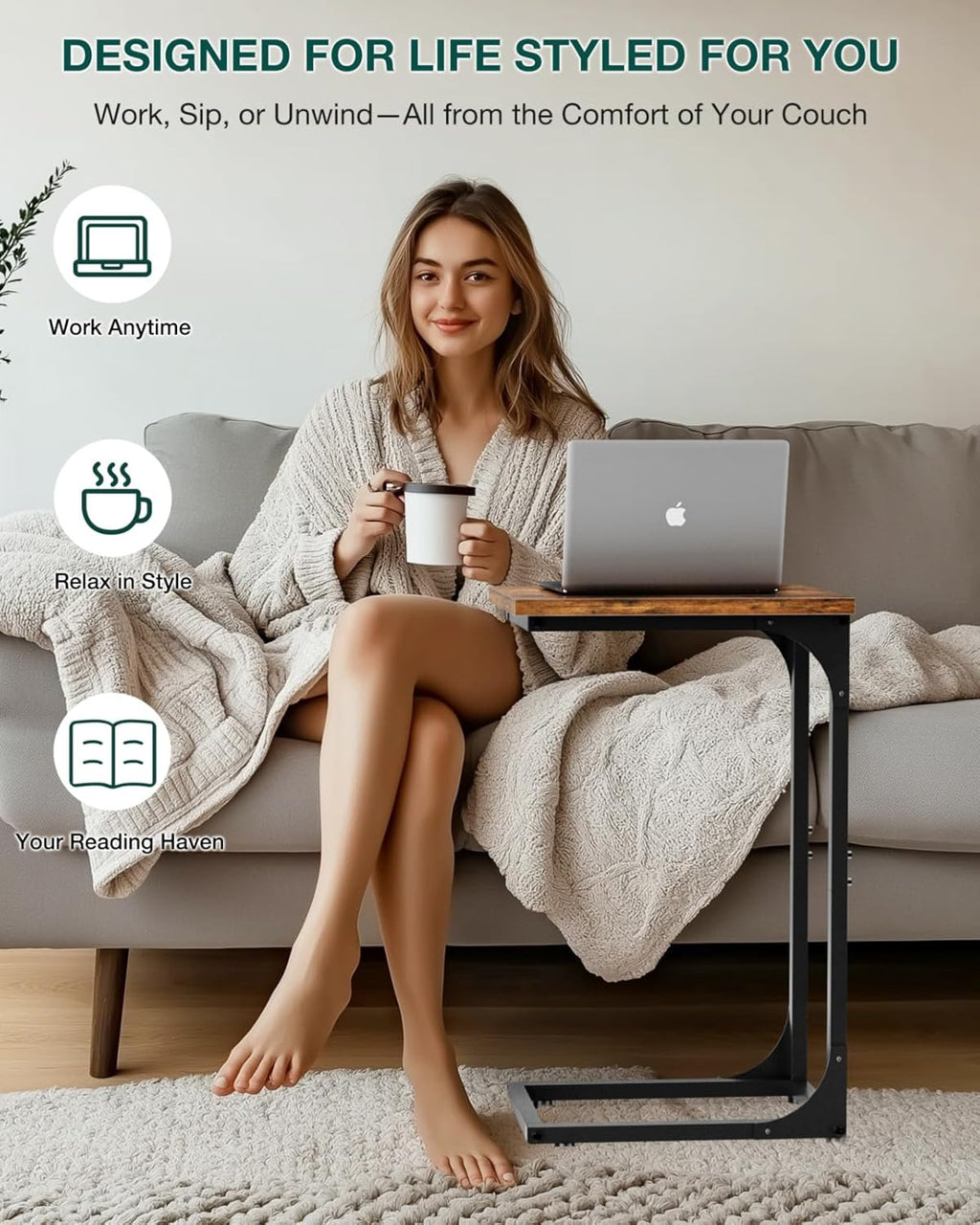 C-Shaped Side Table for Couch - Small Coffee Stand Sofa Tray Desk with Metal Frame and Waterproof Scratch Resistant, Modern End Accent for Living Room, Bedroom, Small Spaces, Rustic Brown