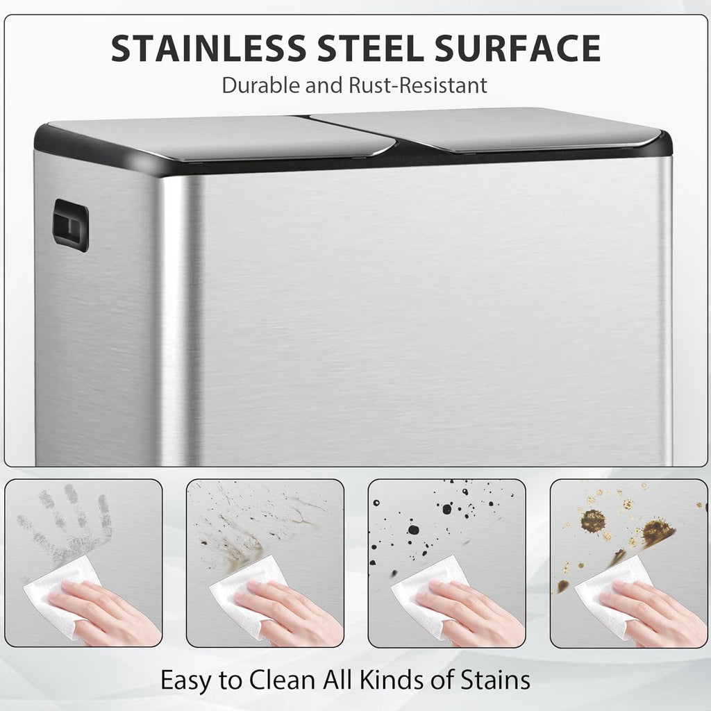 SUPER DEAL Kitchen Trash Can 16 Gallon 60L Dual Stainless Steel Garbage and Recycling Can with Foot Pedal for Kitchen, Living Room, Office, Removable Inner Buckets Soft Close Lid Odor Proof, Silver