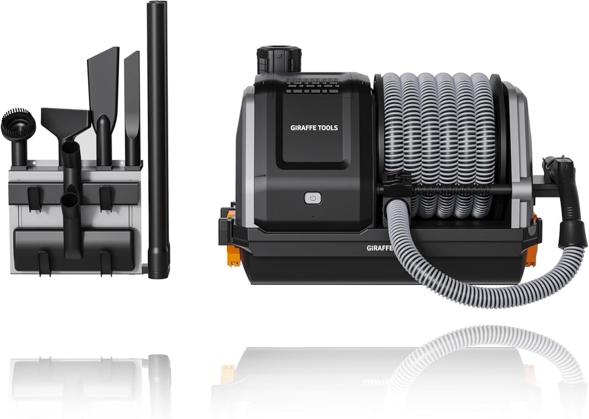 Giraffe Tools Grandstorm Retractable Vacuum with 30 FT Hose Anti-Kink, Wall-Mounted Vacuum Cleaner with 6 Nozzles for Garage Detailing Remote Control Shop Vac, Grey