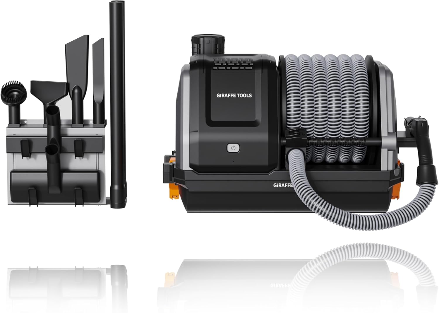 Giraffe Tools Grandstorm Retractable Vacuum with 30 FT Hose Anti-Kink, Wall-Mounted Vacuum Cleaner with 6 Nozzles for Garage Detailing Remote Control Shop Vac, Grey