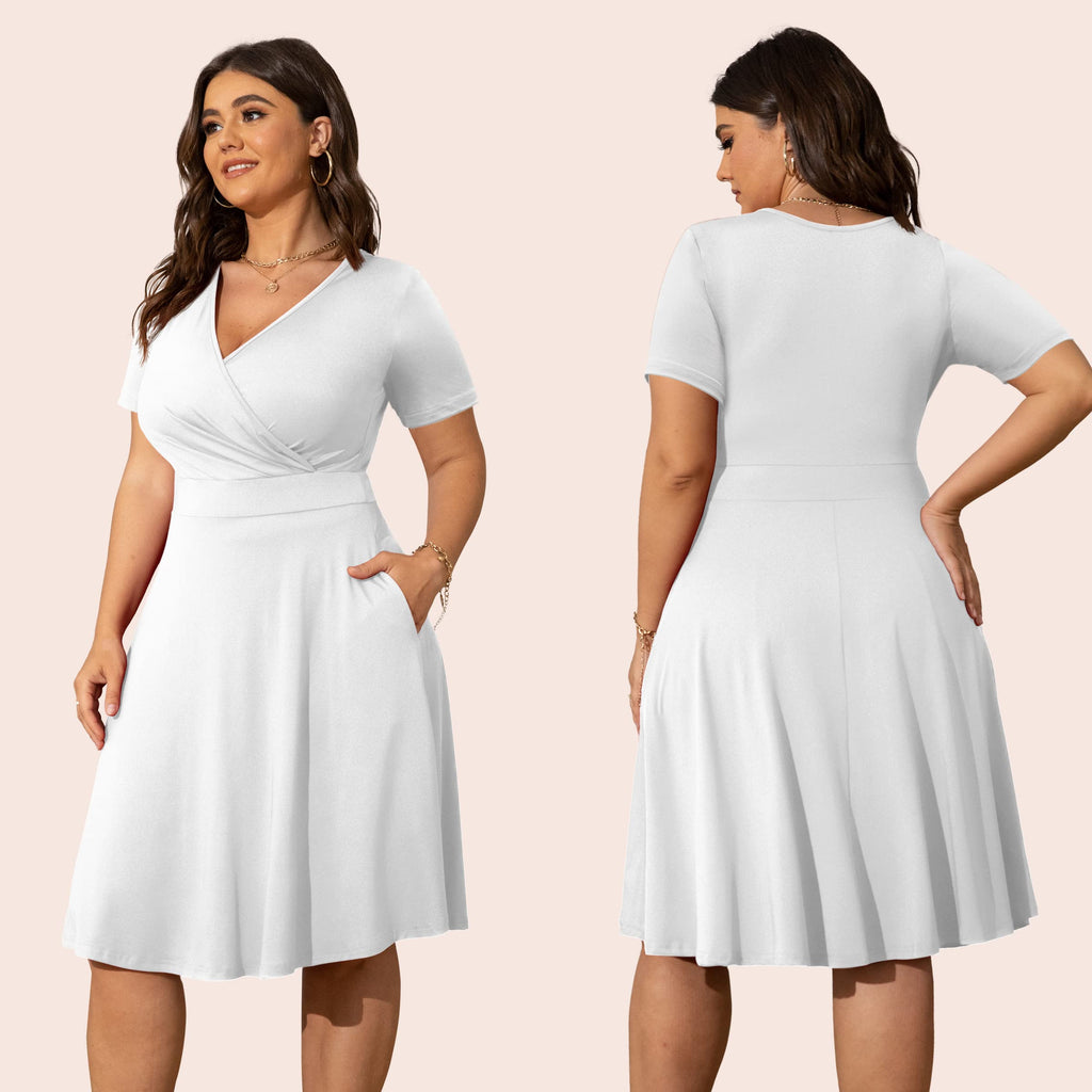 POSESHE Womens Plus Size White Dresses for Wedding Guest Casual Summer Short Sleeve Bridesmaid Cocktail Party Dress,White,2XL