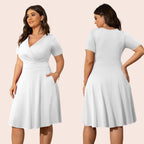 POSESHE Womens Plus Size White Dresses for Wedding Guest Casual Summer Short Sleeve Bridesmaid Cocktail Party Dress,White,2XL