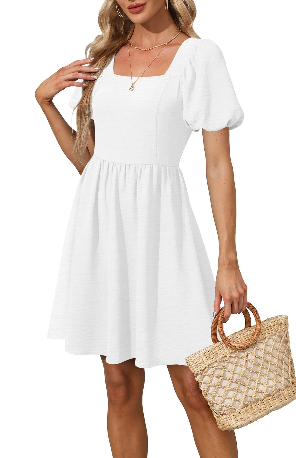 OFEEFAN White Plus Size Dress Short Sleeve Mini Dress for Women Square Neck Casual Summer 2XL