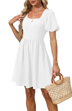 OFEEFAN White Plus Size Dress Short Sleeve Mini Dress for Women Square Neck Casual Summer 2XL