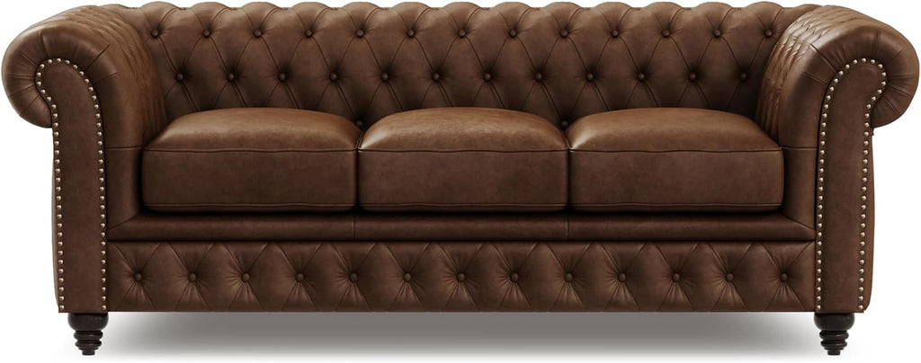Valencia Parma Chesterfield 3 Seater Sofa 82" | Premium Full-Aniline Leather | Mid-Century Leather Couch with Classic Button Tufted Back, Wood Legs for Living Room, Chocolate