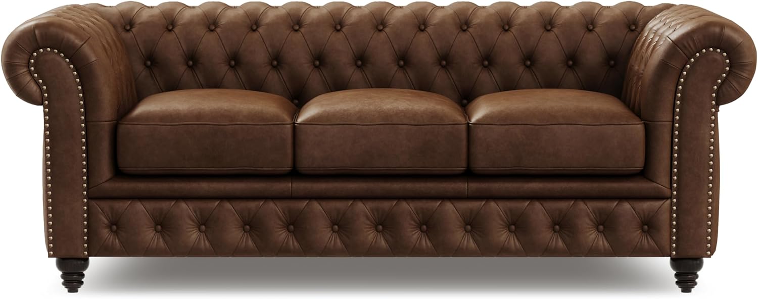 Valencia Parma Chesterfield 3 Seater Sofa 82" | Premium Full-Aniline Leather | Mid-Century Leather Couch with Classic Button Tufted Back, Wood Legs for Living Room, Chocolate