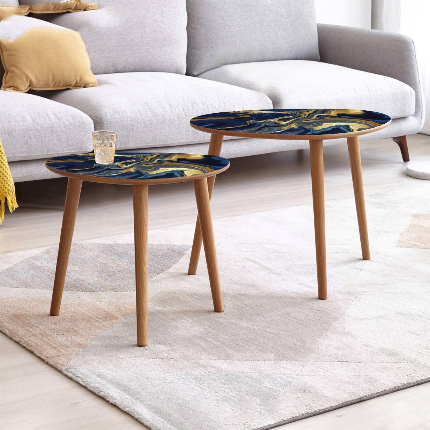 Small Coffee Nesting Table Luxury Blue Marble Gold Abstract Texture Indigo Ocean Blue marbling Modern Minimalist Side Table Triangle End Tea Table Center Table Set of 2Living Room Bedroom