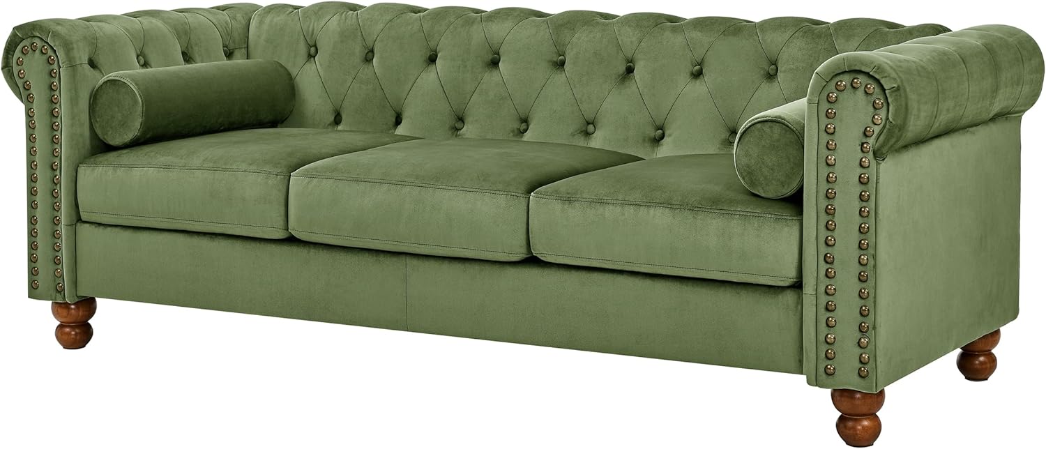 Tufted Velvet Sofa Couch for Living Room, Rolled Arm 3-Seater Sofa Couch with Nailhead Trim and 2 Neck Roll Pillows, Small Apartment Chesterfield Sofa Green