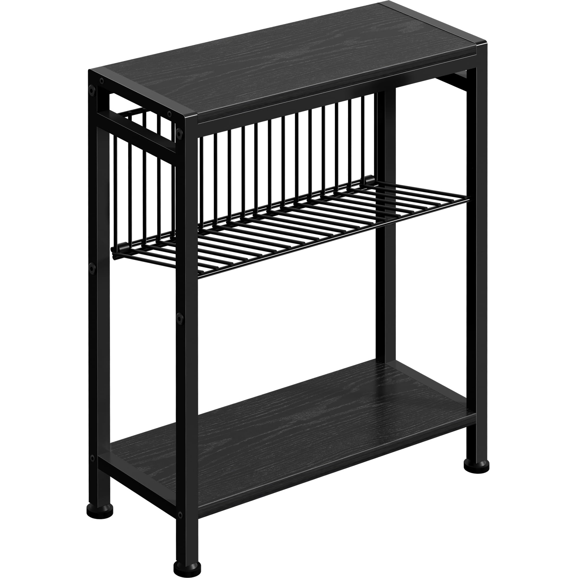 Small Side Table for Small Space, 3-Tier Narrow End Table with Magazine Holder,Slim Nightstand, Skinny Snack Couch Table in Living Room, Bedroom Study and Balcony (Rustic Brown &Black)