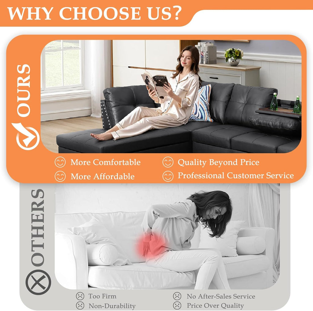 Sectional Sofa Couch, Modern 4-Seaters Living Room Furniture Sets with Chaise Lounge, Ottoman & 2 Pillows | L Shape Couch | Cup Holder | Faux PU Leather, Black