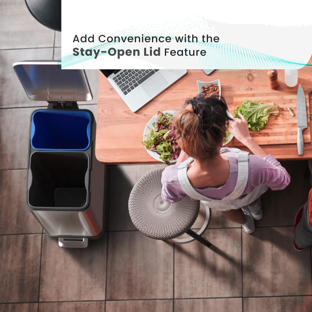 Home Zone Living 13 Gallon Slim Kitchen Trash Can with Dual Compartments for Trash and Recycling, Soft Close Lid, Step Pedal, Stainless Steel, Silver, Gen 1