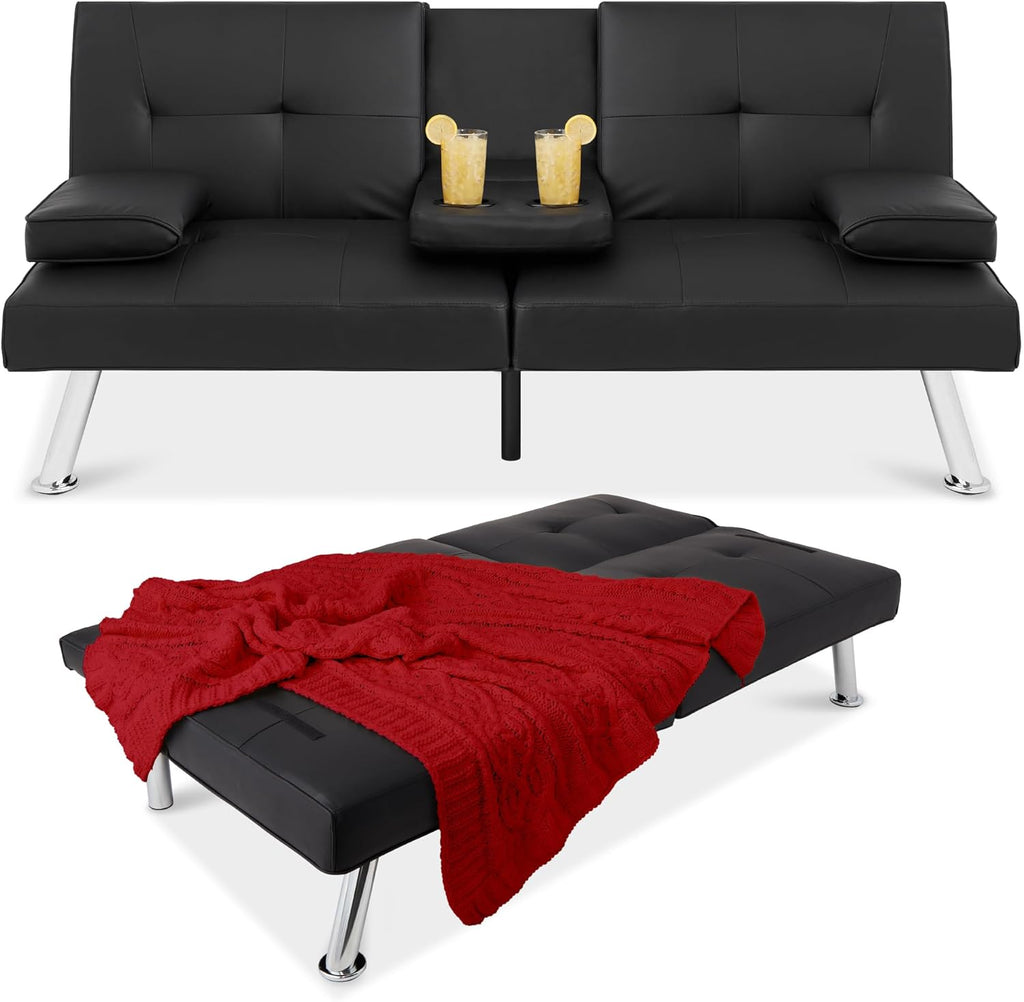 Best Choice Products Faux Leather Upholstered Modern Convertible Futon, Adjustable Folding Sofa Bed, Guest Bed w/Removable Armrests - Black
