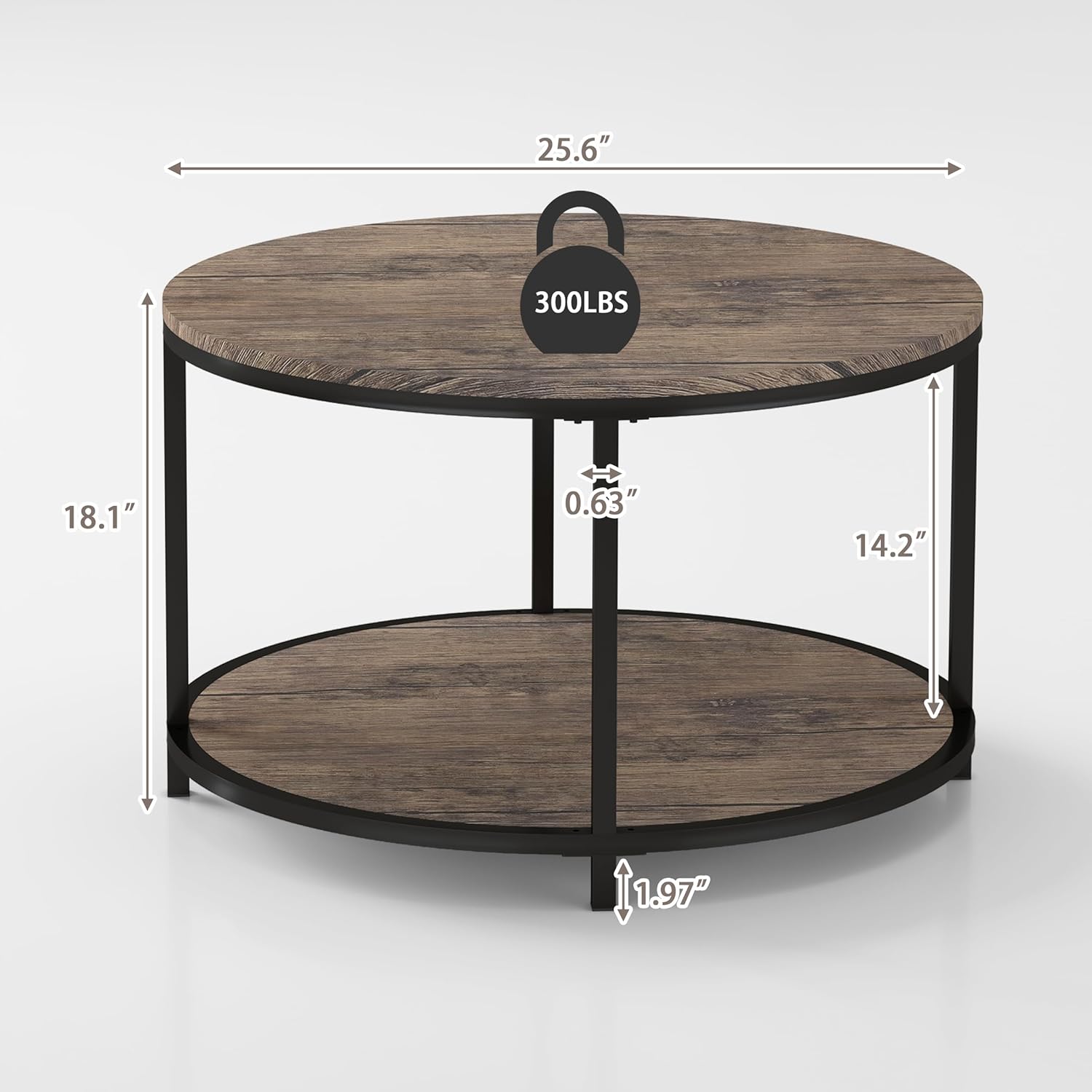 NSdirect Round Coffee Table, 25.6" Small Coffee Table for Living Room,2-Tier Rustic Wood Desktop with Storage Shelf Modern Design Home Furniture(Light Walnut)