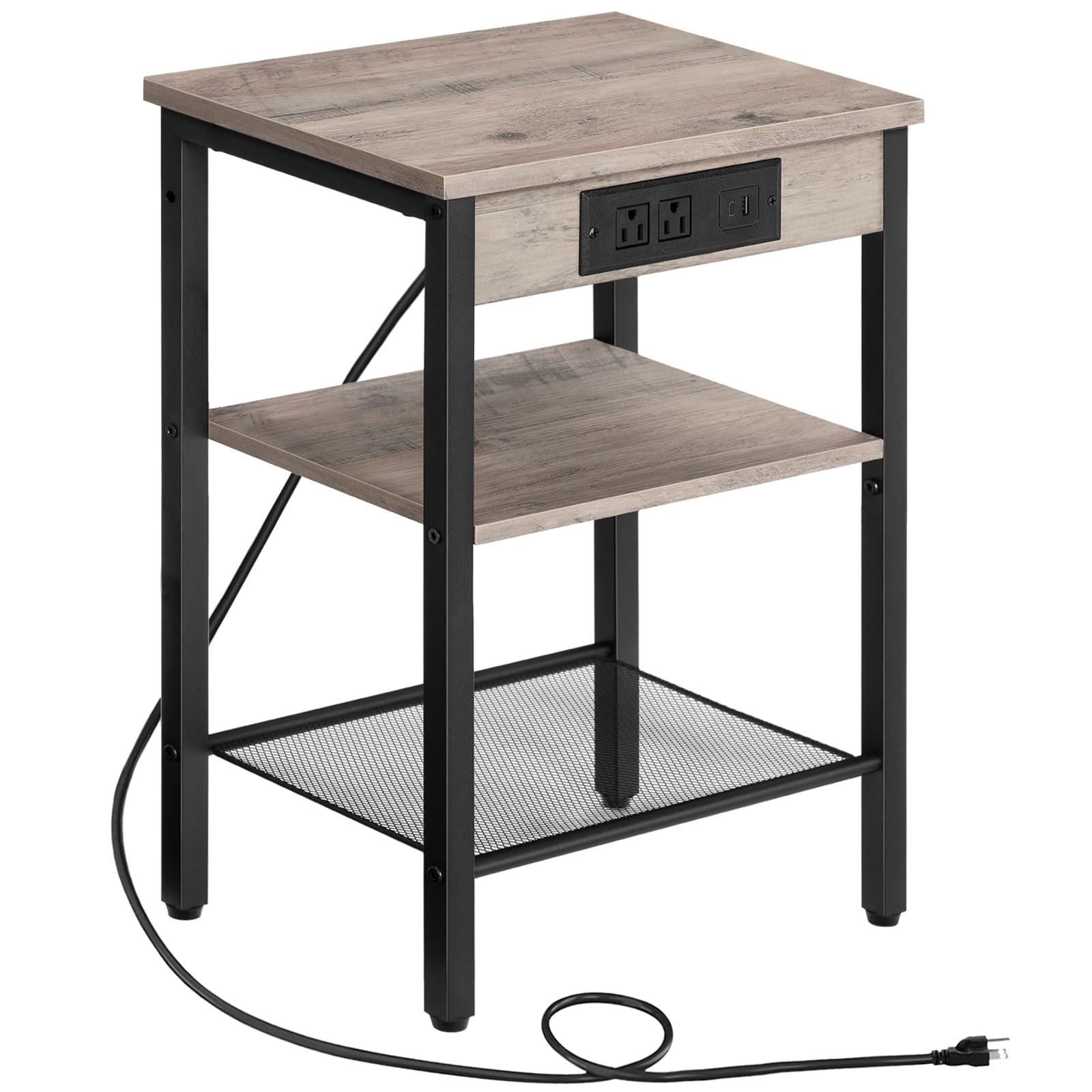 HOOBRO Side Table with Charging Station and USB Ports, Small End Table for Small Space, 3-Tier Nightstand with Adjustable Shelf, for Living Room, Bedroom and Balcony, Rustic Brown BF112BZ01