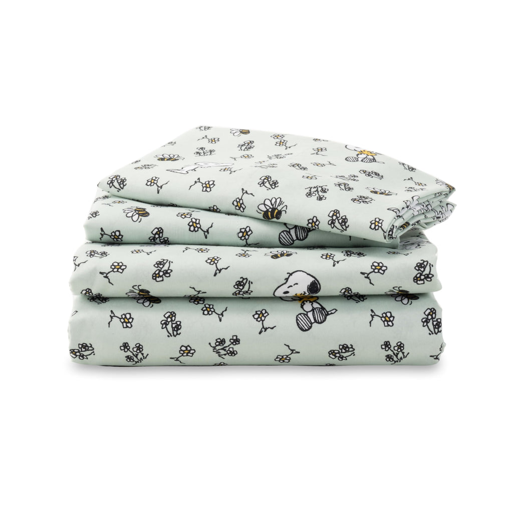 Zestaw pościeli Berkshire Blanket Peanuts® dla dzieci, rozmiar pełny - 4 części, Peanuts® mini pozy i łapy szare, urocze postacie Snoopy nadrukowane na miękkich mikrofibrowych prześcieradłach