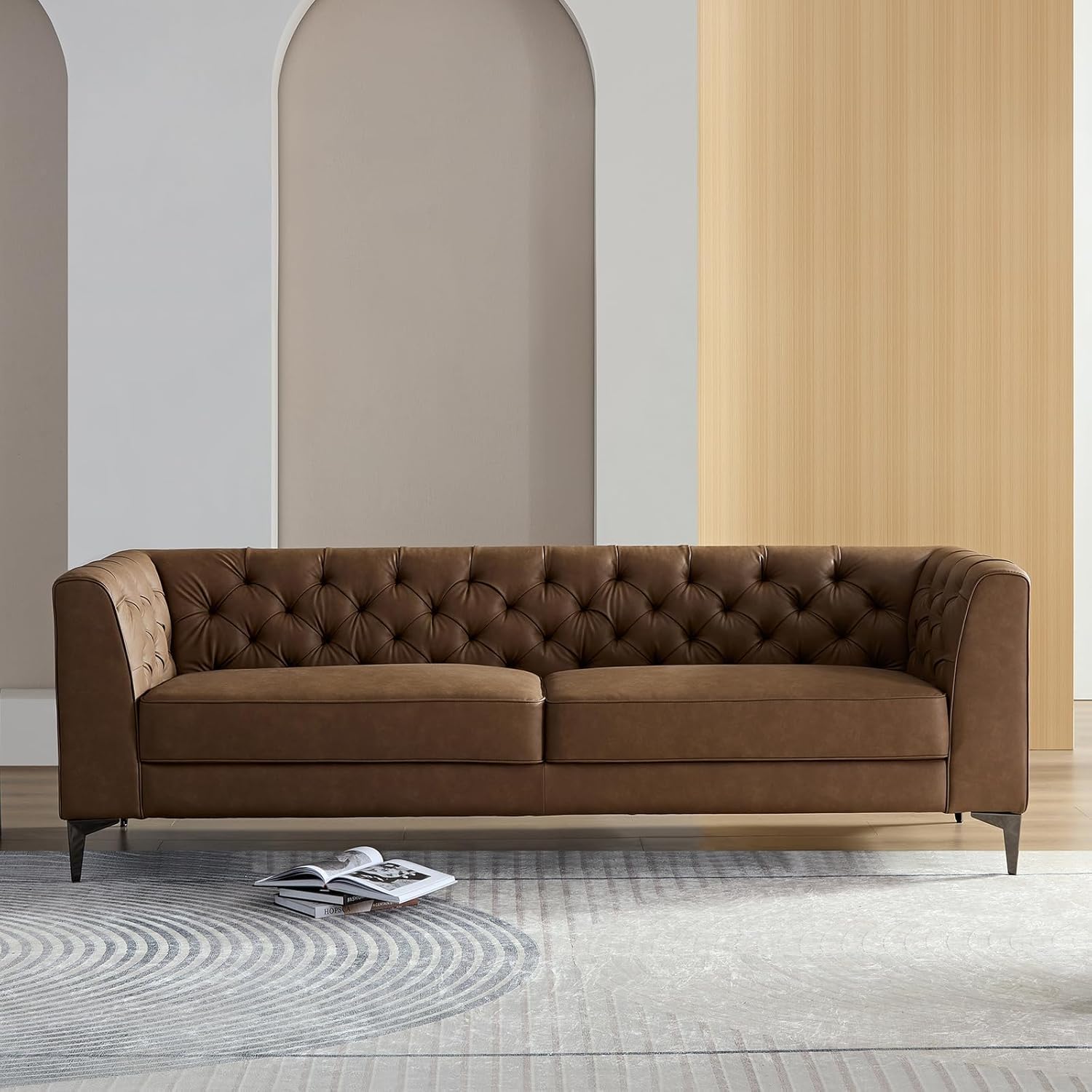 90.5" Mid-Century Modern Sofa Leather Couch, 3-Seater Tuxedo Tufted Couch, Vintage Luxury Chesterfield Sofas with Metal Legs, Modern Upholstered Couches for Living Room, Apartment, Office, Brown