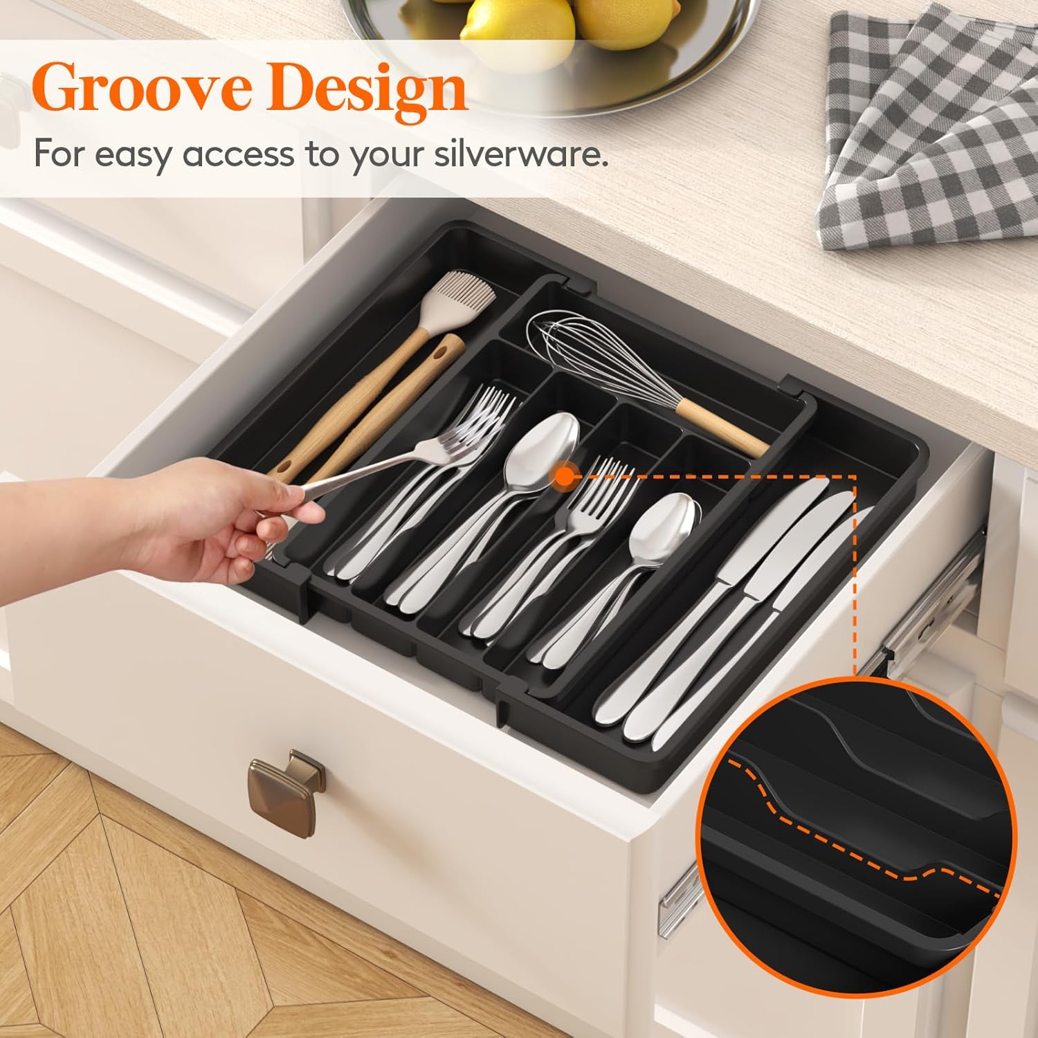Lifewit Silverware Drawer Organizer, Expandable Utensil Tray for Kitchen, BPA Free Flatware and Cutlery Holder, Adjustable Plastic Storage for Spoons Forks Knives, 8.5-14 x 12", Black