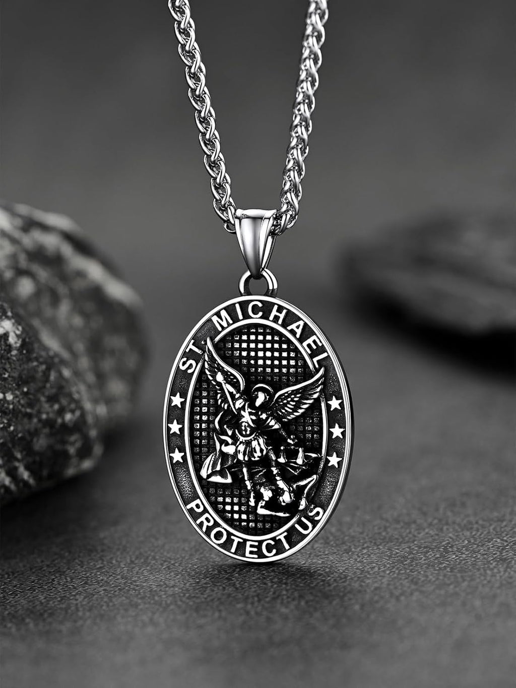 FaithHeart Saint Michael Necklace, Stainless Steel/18K Gold Plated St Michael the Archangel Pendant Amulet for Men Women with Gift Packaging