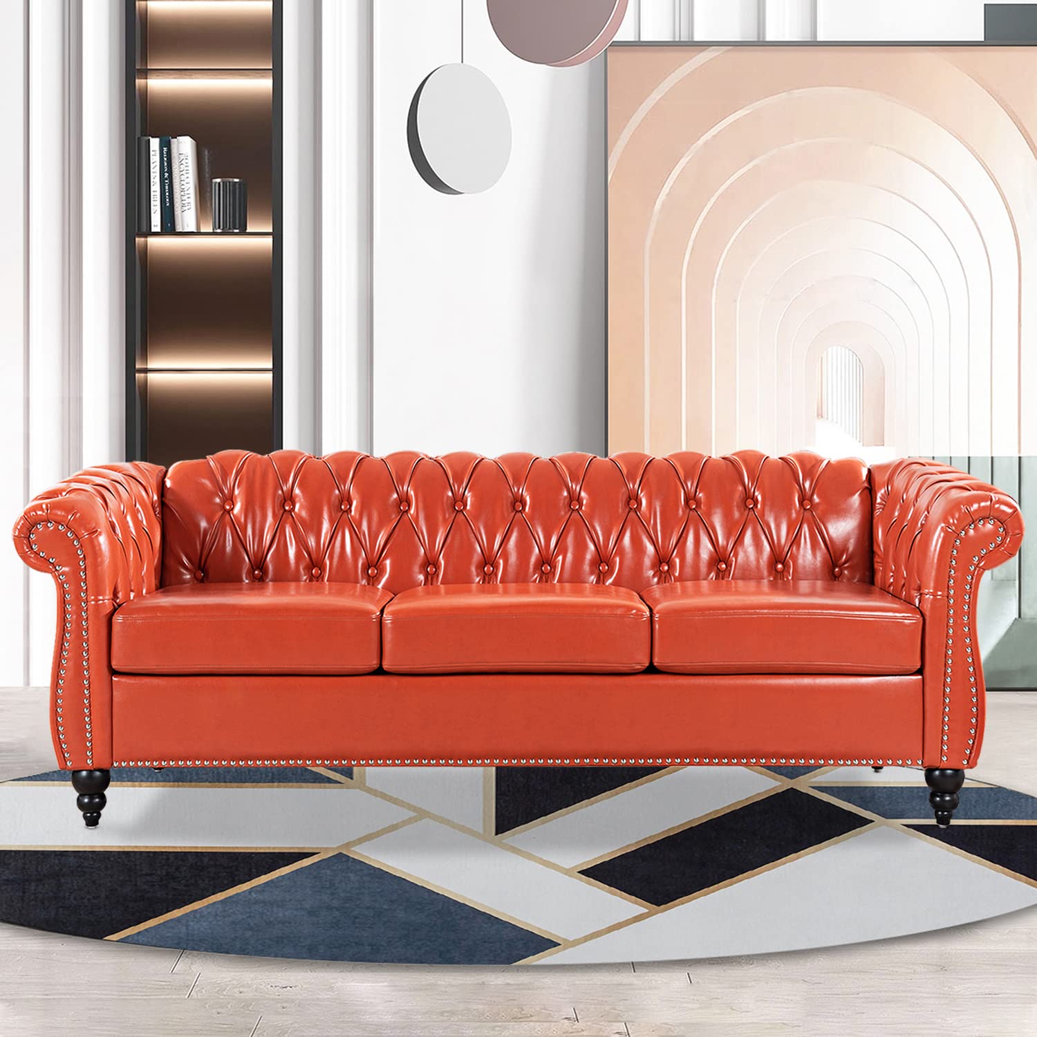 Chesterfield Sofas for Living Room, Black Rolled Arm 3-Seater Leather 84" Large Couch Deep Button Nailhead Tufted Upholstered Couches for Bedroom, Office Apartment Easy to Assemble