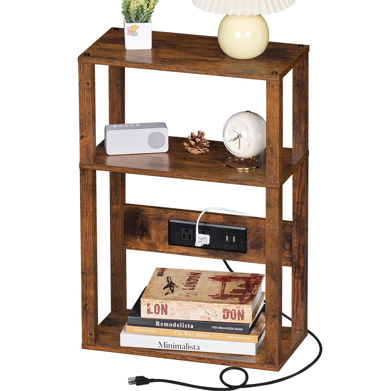 3-Tier Small Narrow Wood Side Table with Charging Station, Skinny Nightstand for Small Space, Slim Bedside Table with Storage for Couch, Thin End Table with USB Ports and Outlets, White